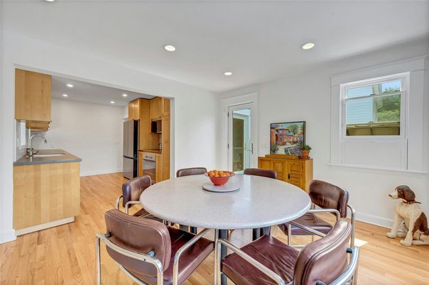Dining room, Interior, Kitchen, Recessed Lighting, Wood Texture Flooring