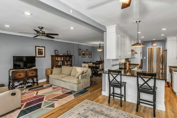 Dining room, Interior, Kitchen, Living room, Pendant Lights, Recessed Lighting, Wood Texture Flooring