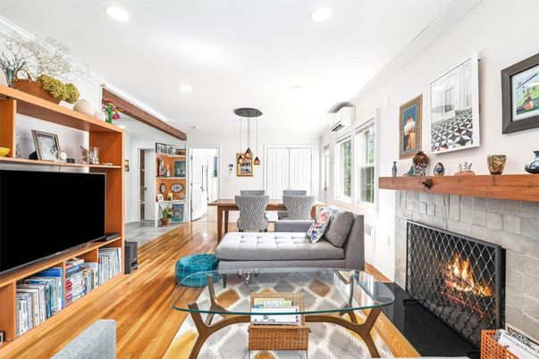 Dining room, Fireplace, Interior, Living room, Pendant Lights, Recessed Lighting, Wood Texture Flooring