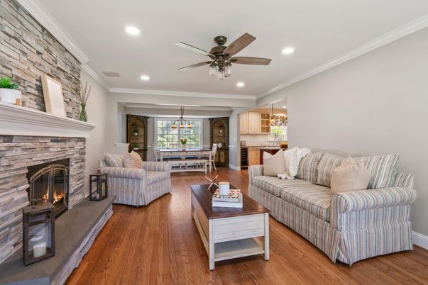 Dining room, Fireplace, Interior, Kitchen, Living room, Pendant Lights, Recessed Lighting, Stone Walls, Wood Texture Flooring