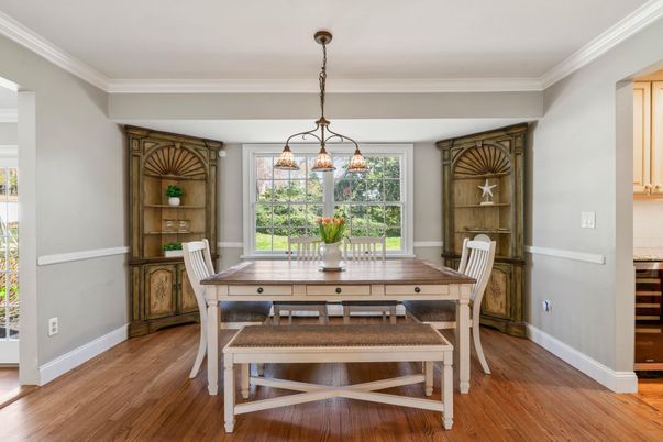 Dining room, Interior, Pendant Lights, Wood Texture Flooring