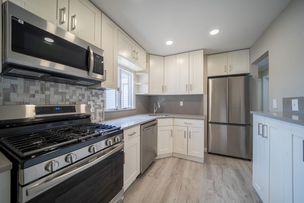 Interior, Kitchen, Recessed Lighting, Stainless Steel Appliances, Wood Texture Flooring
