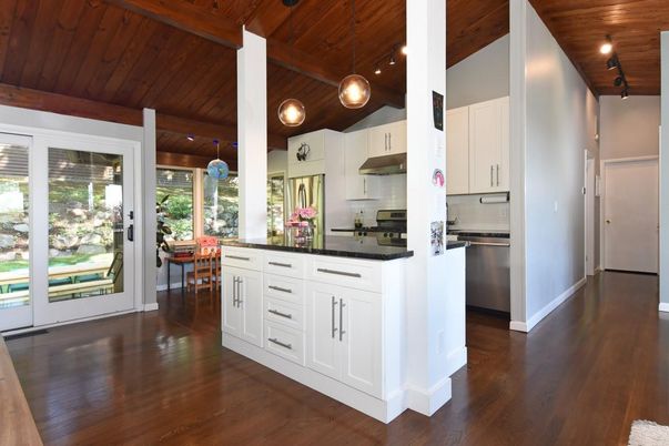 Interior, Kitchen, Pendant Lights, Stainless Steel Appliances, Wooden Ceilings, Wood Texture Flooring