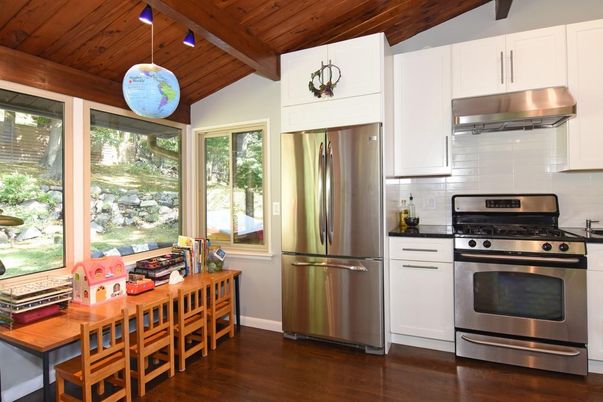 Interior, Kitchen, Pendant Lights, Stainless Steel Appliances, Wooden Beams, Wooden Ceilings, Wood Texture Flooring