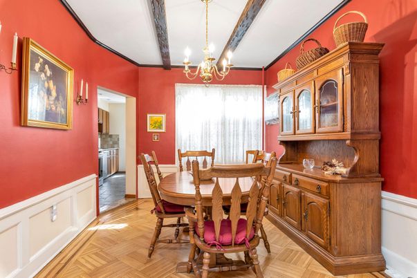 Chandelier, Dining room, Interior, Wooden Beams, Wood Texture Flooring