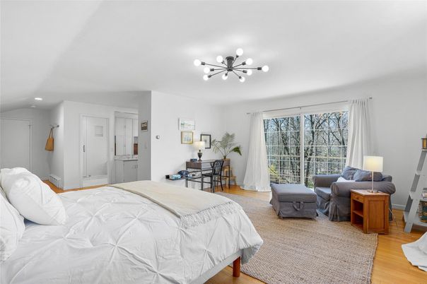 Bedroom, Interior, Pendant Lights, Recessed Lighting, Wood Texture Flooring