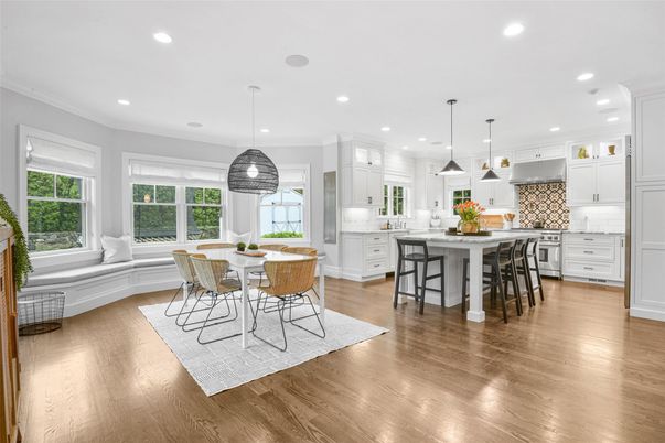 Dining room, Interior, Kitchen, Pendant Lights, Recessed Lighting, Stainless Steel Appliances, Wood Texture Flooring