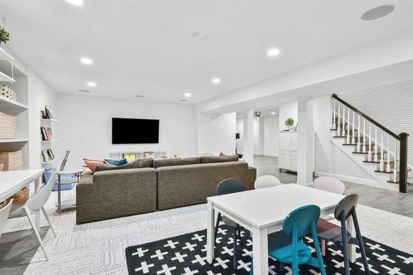 Dining room, Interior, Living room, Recessed Lighting, Wood Texture Flooring