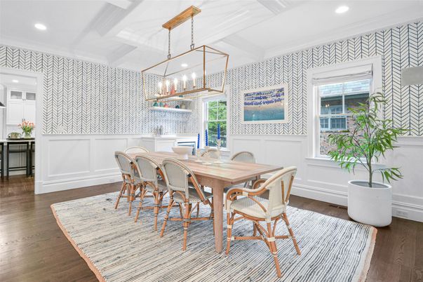 Dining room, Interior, Pendant Lights, Recessed Lighting, Wood Texture Flooring