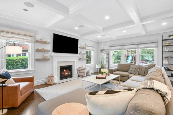 Fireplace, Interior, Living room, Recessed Lighting, Wood Texture Flooring