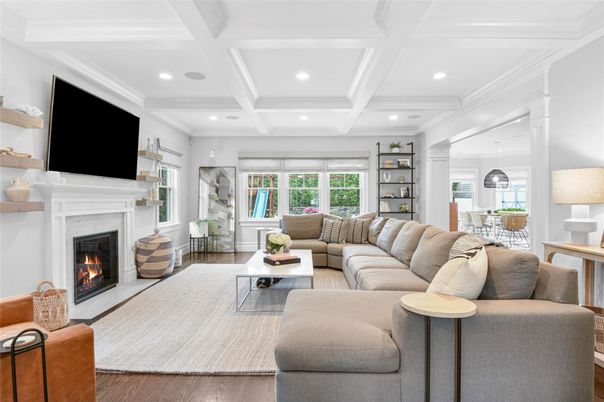 Dining room, Fireplace, Interior, Living room, Pendant Lights, Recessed Lighting, Wood Texture Flooring