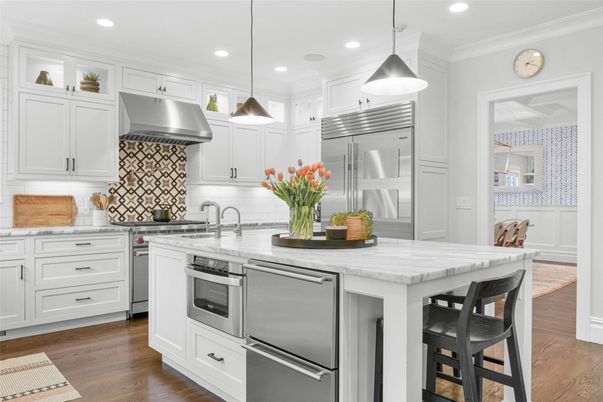 Interior, Kitchen, Pendant Lights, Recessed Lighting, Stainless Steel Appliances, Wood Texture Flooring