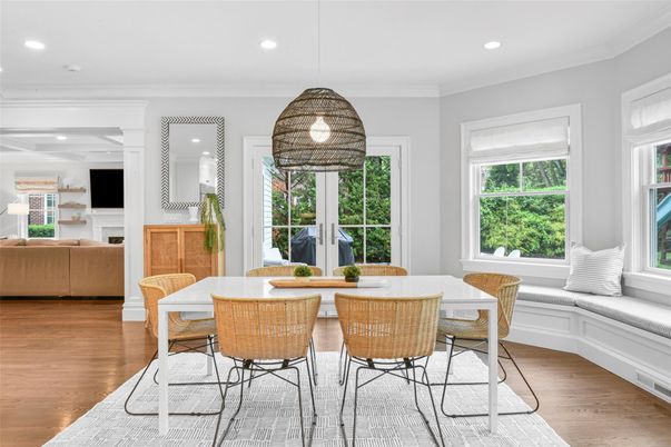 Dining room, Fireplace, Interior, Living room, Pendant Lights, Recessed Lighting, Wood Texture Flooring