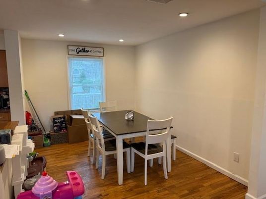 Dining room, Interior, Recessed Lighting, Wood Texture Flooring
