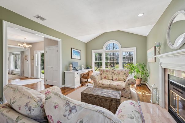 Chandelier, Fireplace, Interior, Living room, Recessed Lighting, Wood Texture Flooring