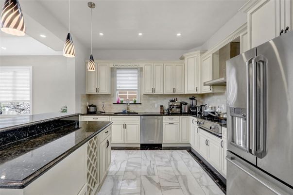 Interior, Kitchen, Marble, Pendant Lights, Recessed Lighting, Stainless Steel Appliances