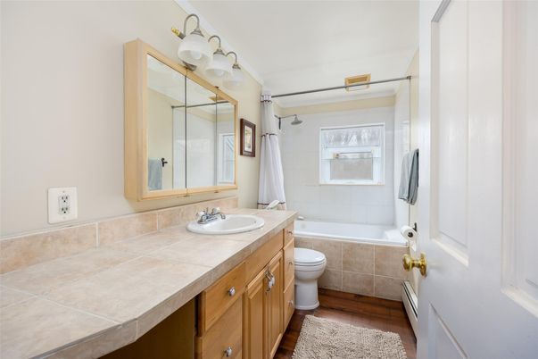 Bathroom, Interior, Tile Countertops, Wood Texture Flooring