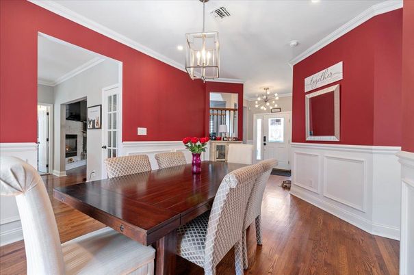 Dining room, Fireplace, Interior, Pendant Lights, Recessed Lighting, Wood Texture Flooring
