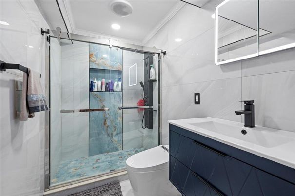Bathroom, Glass Shower, Interior, Recessed Lighting