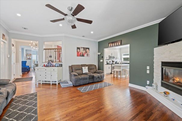 Fireplace, Interior, Kitchen, Living room, Recessed Lighting, Wood Texture Flooring