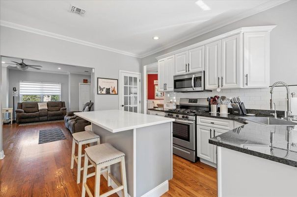 Interior, Kitchen, Living room, Recessed Lighting, Stainless Steel Appliances, Wood Texture Flooring