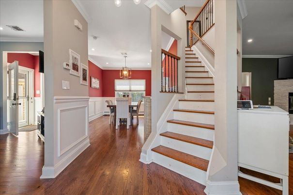 Chandelier, Dining room, Fireplace, Interior, Pendant Lights, Recessed Lighting, Wood Texture Flooring