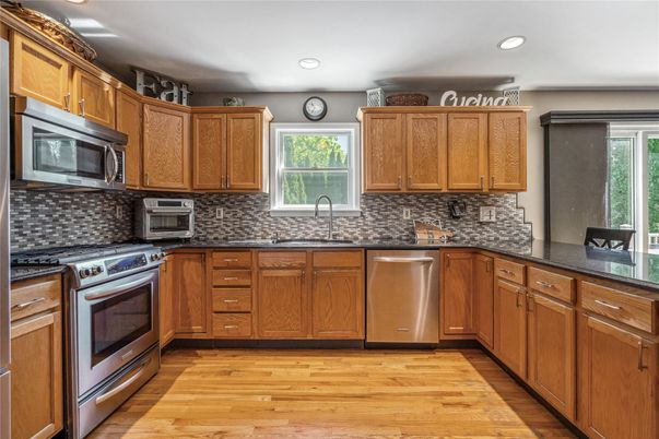 Interior, Kitchen, Recessed Lighting, Stainless Steel Appliances, Wood Texture Flooring