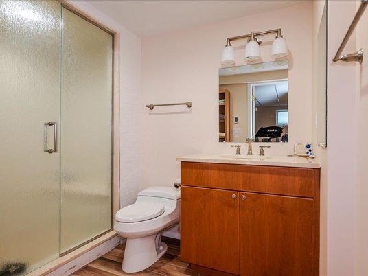 Bathroom, Glass Shower, Interior, Wood Texture Flooring