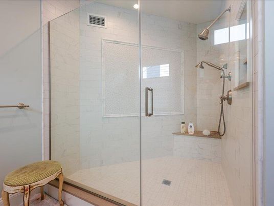 Bathroom, Glass Shower, Interior, Marble Walls, Recessed Lighting