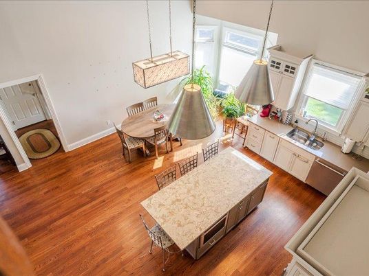 Dining room, Interior, Kitchen, Pendant Lights, Wood Texture Flooring