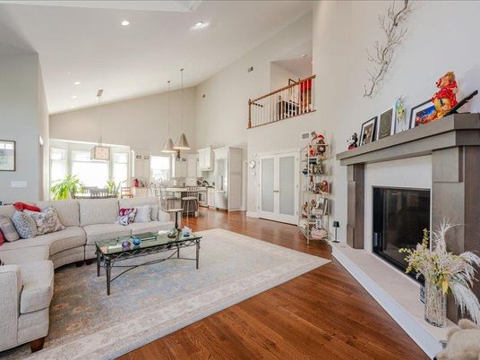 Fireplace, Interior, Kitchen, Living room, Pendant Lights, Recessed Lighting, Wood Texture Flooring