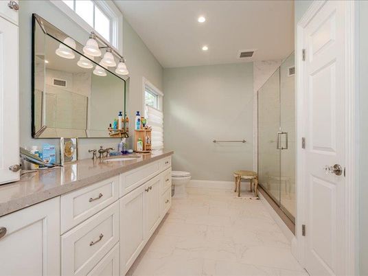 Bathroom, Dual Sink Vanities, Glass Shower, Interior, Marble, Recessed Lighting