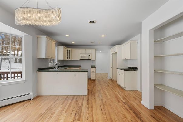 Chandelier, Interior, Kitchen, Recessed Lighting, Wood Texture Flooring