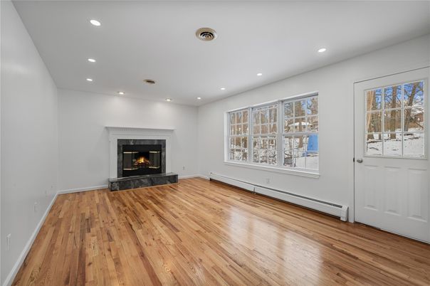 Empty room, Fireplace, Interior, Recessed Lighting, Wood Texture Flooring