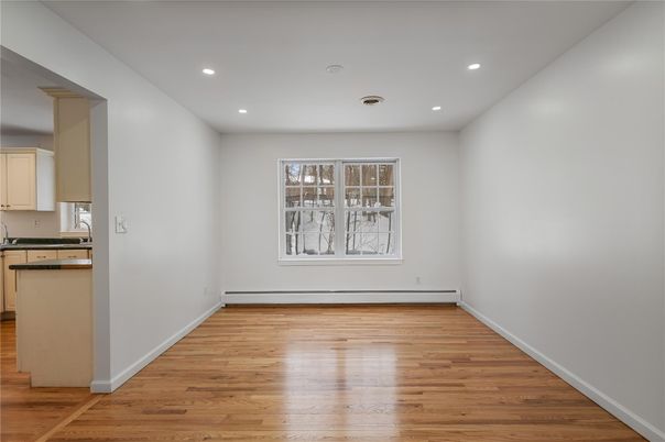 Empty room, Interior, Kitchen, Recessed Lighting, Wood Texture Flooring
