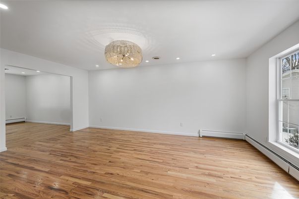Chandelier, Empty room, Interior, Recessed Lighting, Wood Texture Flooring