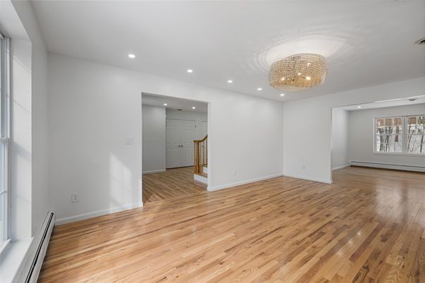 Chandelier, Empty room, Interior, Recessed Lighting, Wood Texture Flooring
