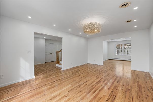 Chandelier, Empty room, Interior, Recessed Lighting, Wood Texture Flooring