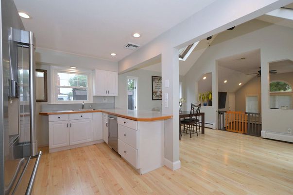 Dining room, Interior, Kitchen, Recessed Lighting, Stainless Steel Appliances, Wood Texture Flooring