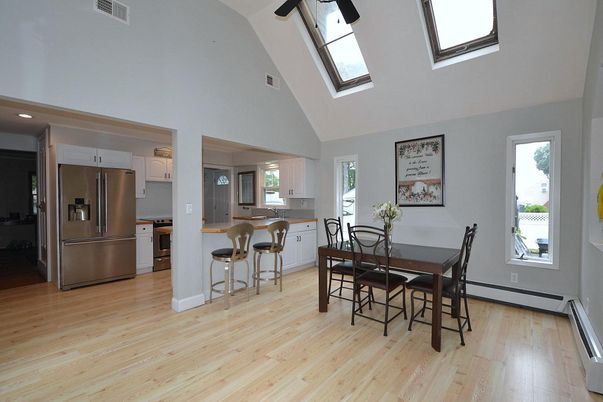 Dining room, Interior, Kitchen, Recessed Lighting, Stainless Steel Appliances, Wood Texture Flooring