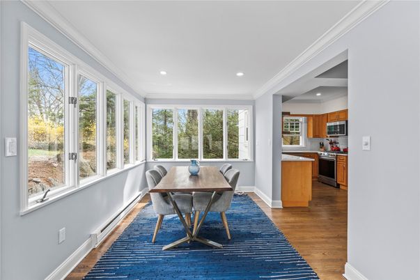 Dining room, Interior, Kitchen, Recessed Lighting, Wood Texture Flooring