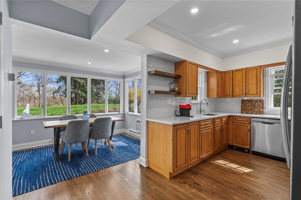 Dining room, Interior, Kitchen, Recessed Lighting, Stainless Steel Appliances, Wood Texture Flooring