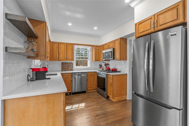Interior, Kitchen, Recessed Lighting, Stainless Steel Appliances, Wood Texture Flooring