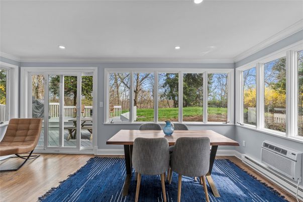 Dining room, Interior, Recessed Lighting, Sun Room, Wood Texture Flooring