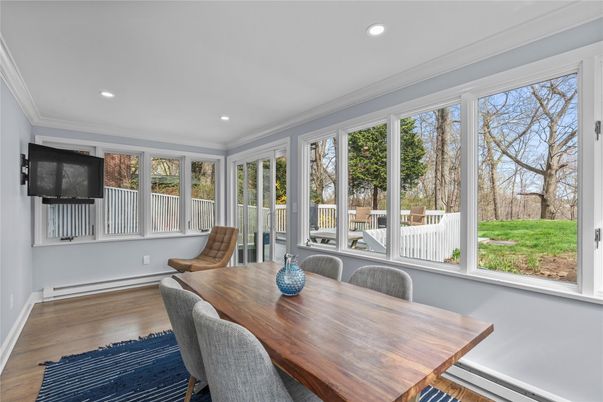 Dining room, Interior, Recessed Lighting, Wood Texture Flooring