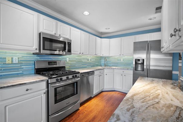Interior, Kitchen, Recessed Lighting, Stainless Steel Appliances, Wood Texture Flooring