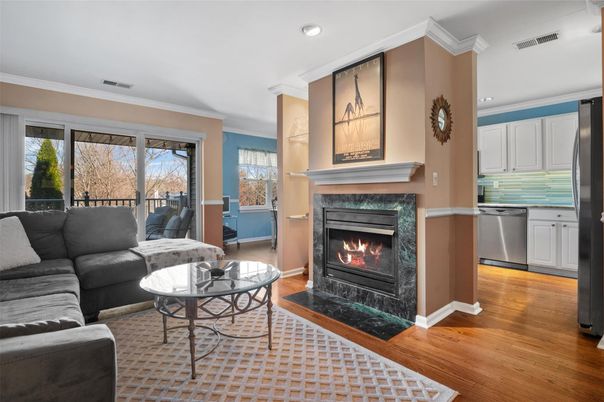 Fireplace, Interior, Kitchen, Living room, Recessed Lighting, Wood Texture Flooring