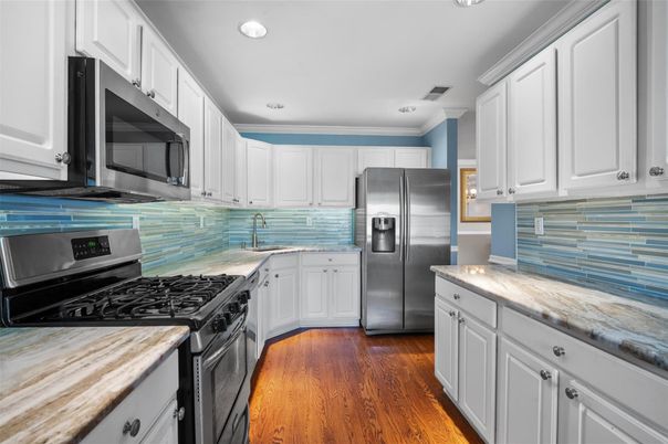 Interior, Kitchen, Recessed Lighting, Stainless Steel Appliances, Wood Texture Flooring