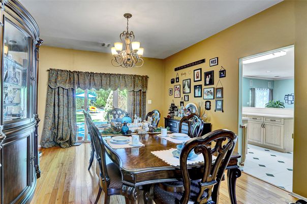 Chandelier, Dining room, Interior, Wood Texture Flooring