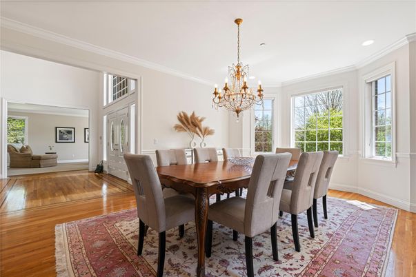 Chandelier, Dining room, Interior, Recessed Lighting, Wood Texture Flooring